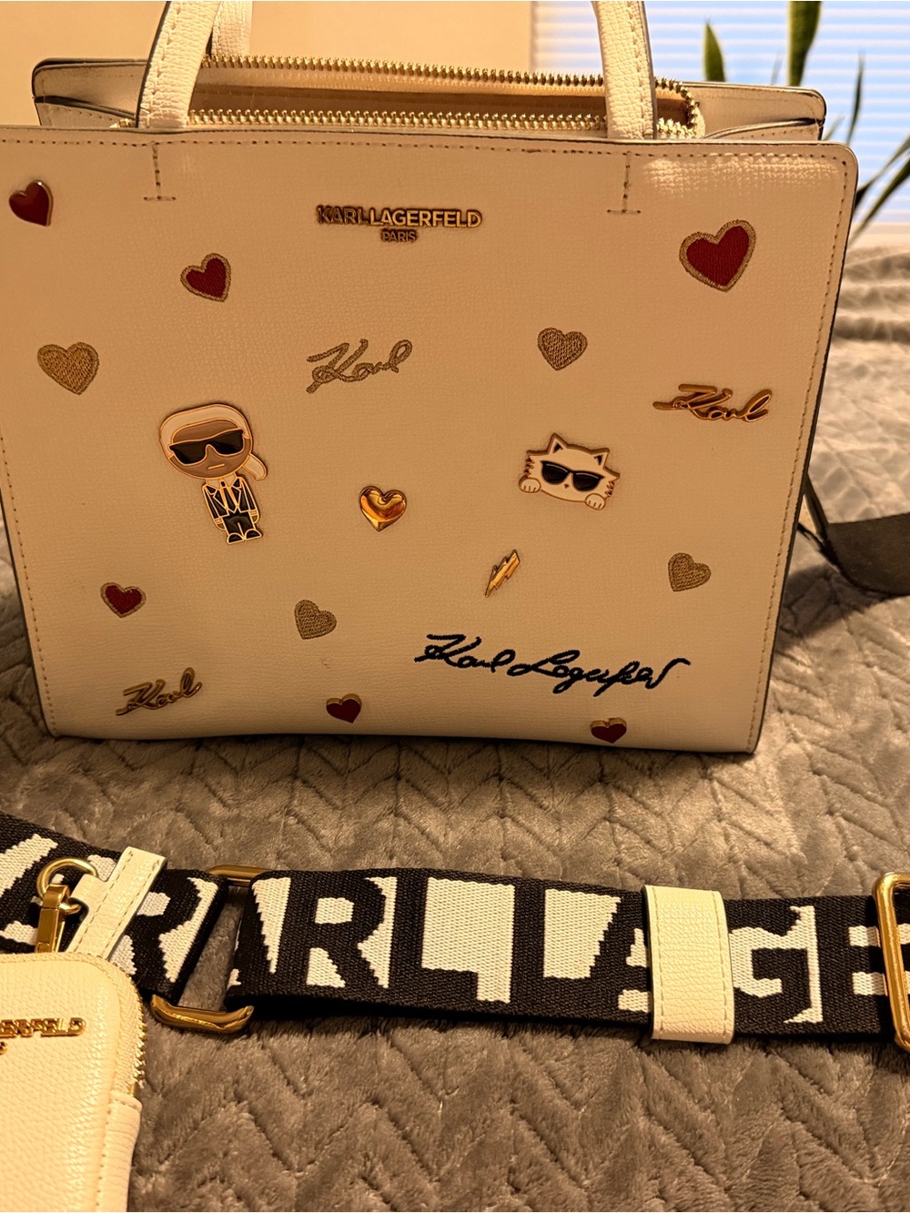 Karl Lagerfeld Cream Heart & Character Embellished Tote